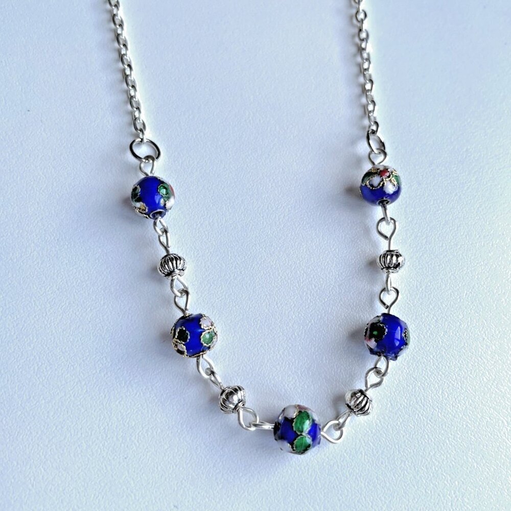 Vintage Cloisonne Beaded Necklace Blue Floral Silver Tone Asian Chinese 19"